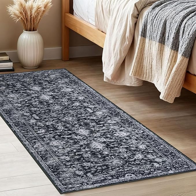 KILOCOCO Washable Runner 2x5 Rug Runner Printed Vintage Floral Kitchen Runners Non-Slip Rubber Backed Runners for Hallways Distressed Thin Soft Rugs for Entryway Laundry Room, Black/Navy/White
