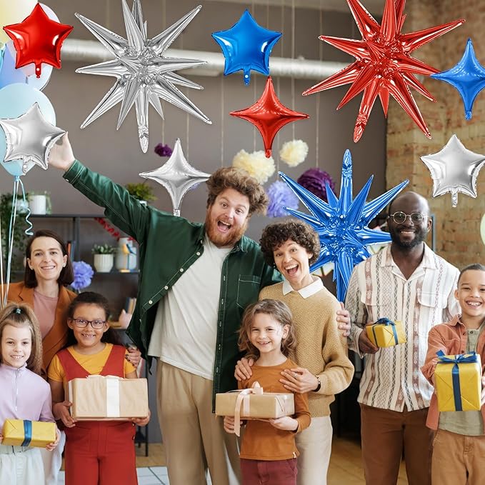 Blue Red Silver Star Balloon,16Pcs Star Foil Balloons Set with 22Inch Explosion Spike Cone Balloons and 10Inch Quadrangle Helium Balloon for Birthday Wedding Baby Shower Party Decorations