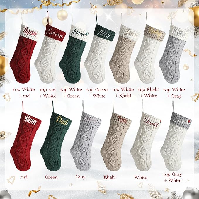 Personalized Christmas Stockings,Custom Embroidered Name+Logo Xmas Knitted Stockings 18'',Holiday and Family Stocking for Fireplace Christmas Holiday Party Decoration 1-6Pack（Flax White）