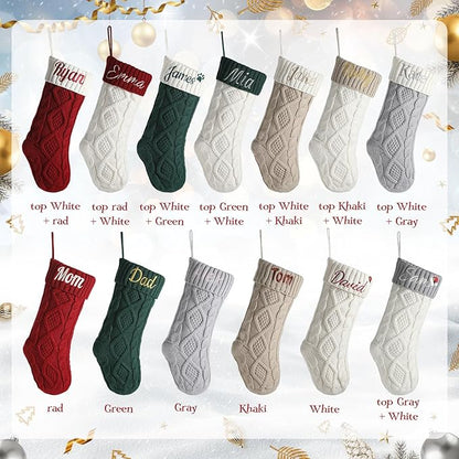 Personalized Christmas Stockings,Custom Embroidered Name+Logo Xmas Knitted Stockings 18'',Holiday and Family Stocking for Fireplace Christmas Holiday Party Decoration 1-6Pack（Flax White）