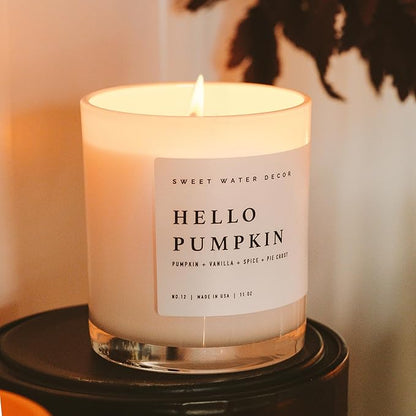 Sweet Water Decor Hello Pumpkin Candle - Fall Soy Candles with Pumpkin, Warm Spices, Vanilla and Buttery Pie Crust - Pumpkin Candles for Home with 50 Hours Burn Time - 11oz Wood Lid White Jar Candle