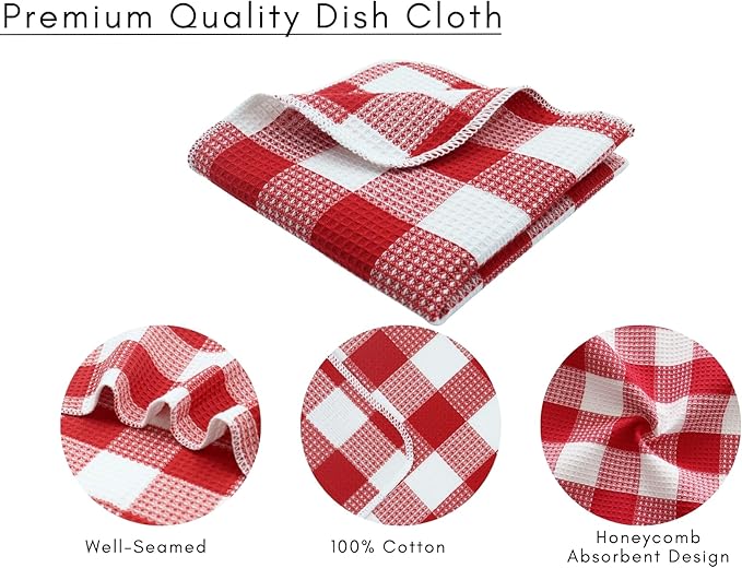 Waffle Weave Plaid Dish Cloths, 100% Cotton - 12 x 12 Inches, Ultra Soft Absorbent Quick Drying Dish Towels Buffalo Check Dish Rags for Kitchen, 8 Pack - Fall Thanksgiving - Red & White