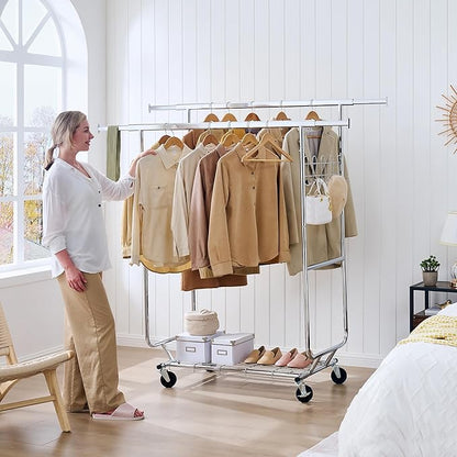 Heavy Duty Clothes Rack Load 620 LBS Metal Garment Clothing Rack Hang 300 pieces of clothing on Wheels Collapsible Rolling Portable & Adjustable Double Rod with Hook for Hanging Clothes
