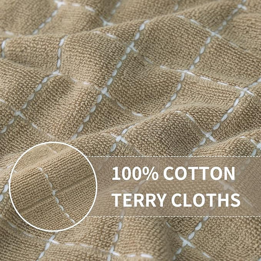 Homaxy 100% Cotton Terry Kitchen Towels(Tan, 13 x 28 inches), Checkered Designed, Soft and Super Absorbent Dish Towels, 4 Pack