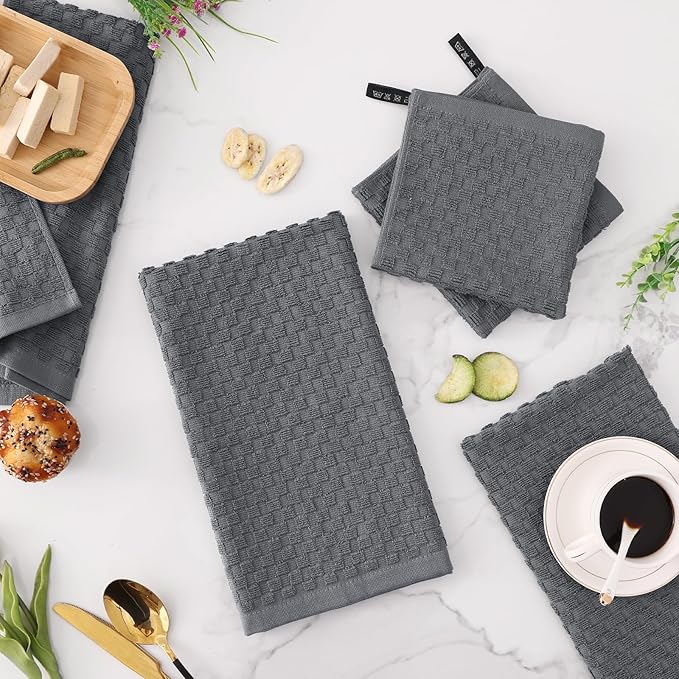 Fintale 100% Cotton Kitchen Towels and Dishcloths Set, 12 x 12 & 15 x 25 Inches, Set of 12 Bulk Super Soft and Absorbent Terry Cloth Dish Towels, Quick Drying Hand Towels with Hanging Loop, Dark Grey