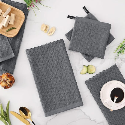 Fintale 100% Cotton Kitchen Towels and Dishcloths Set, 12 x 12 & 15 x 25 Inches, Set of 12 Bulk Super Soft and Absorbent Terry Cloth Dish Towels, Quick Drying Hand Towels with Hanging Loop, Dark Grey