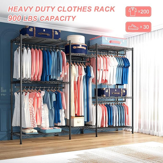 Raybee Clothes Rack for Hanging Clothes,Clothing Rack with Shelves,Portable Closet,for Apartment,Bedroom,Metal, Adjustable,Max Load 900lbs,Black