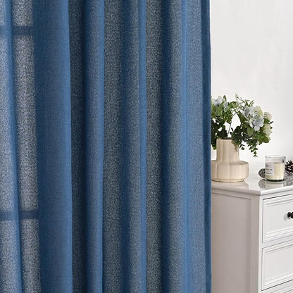 YoungsTex Navy Linen Curtains 84 Inch Length for Living Room, Dark Blue Semi Sheer Drapes Light Filtering with Bronze Grommet Privacy for Bedroom Decorative, 52 x 84 Inch, 2 Panels