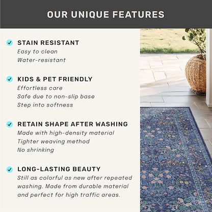 Washable Dark Blue Rug for Living Room - 9x12 Large Area Rug for Dining Room Under Table, Bedroom, Soft Low Pile Non-Slip Stain Resistant Carpet - Vintage Navy Floral Design