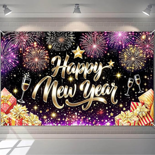 Happy New Year Backdrop Gold Glitter Champagne Glasses Fireworks Gift Boxes Banner 71x43 Inches Sparkling Black Background for 2026 New Year Eve Party Indoor Outdoor Decoration