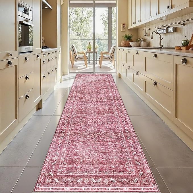 OPPODREAM Thin Vintage Hot Pink 3x10 Runner Rug, 3 x 10 Retro Washable Rug Non Slip, Low-Pile Faux Wool Carpet, Distressed Floor Mat for Kitchen, Hallway, Entry-Way, Entrance, Indoor Back Door