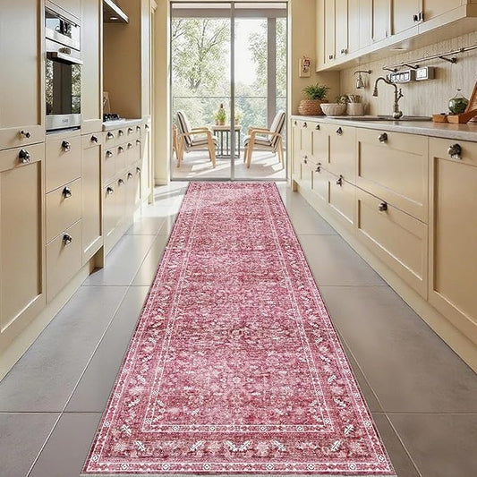 OPPODREAM Thin Vintage Hot Pink 3x10 Runner Rug, 3 x 10 Retro Washable Rug Non Slip, Low-Pile Faux Wool Carpet, Distressed Floor Mat for Kitchen, Hallway, Entry-Way, Entrance, Indoor Back Door