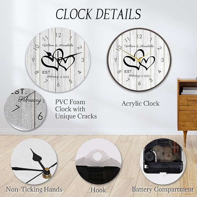 Personalized Couples Wall Clock with Name Date, Custom Farmhouse Wall Clock for Living Room Kitchen Bathroom, Home Decor Gifts for Christmas Birthday Valentine's Anniversary Wedding