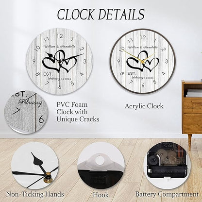 Personalized Couples Wall Clock with Name Date, Custom Farmhouse Wall Clock for Living Room Kitchen Bathroom, Home Decor Gifts for Christmas Birthday Valentine's Anniversary Wedding