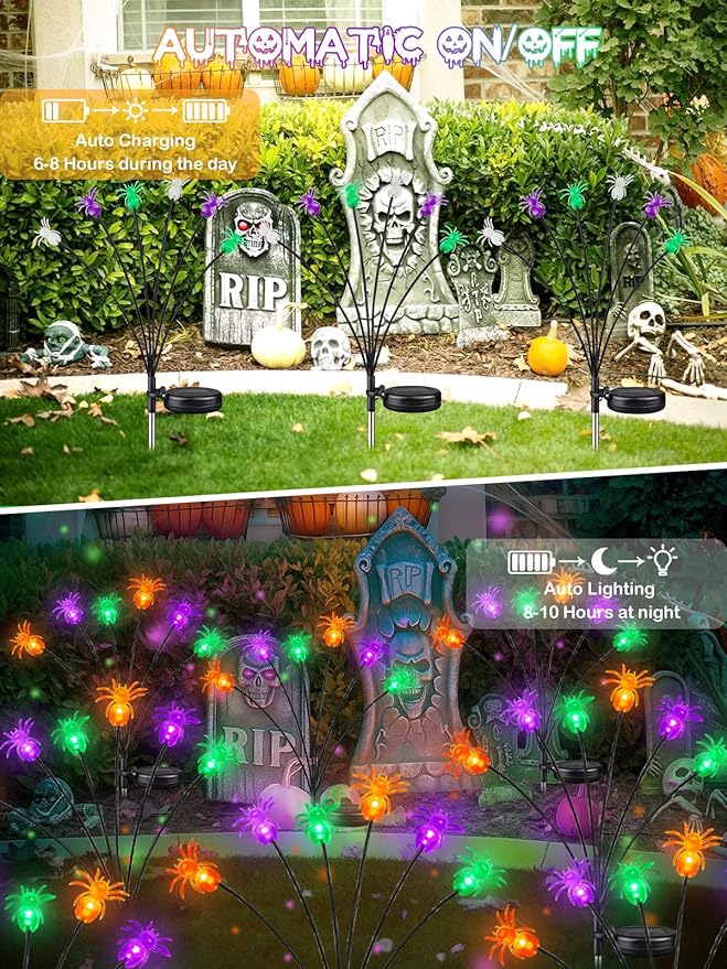 6 Pack 36LED Purple Orange and Green Halloween Solar Spider Garden Lights Outdoor, Solar Firefly Lights Swaying Lights with 2 Modes, Waterproof for Garden Yard Lawn Pathway Halloween Decorations