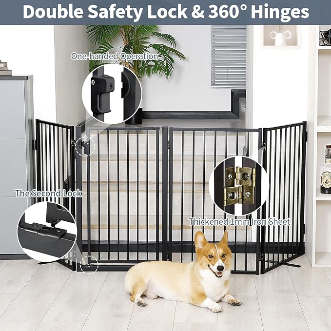 Metal Freestanding Dog Gates with Door for Outdoor Indoor,80'' Extra Wide 24'' Tall Free Standing Dog Gate for Doorways,Large Openings,Deck,Yard,Porch,Foldable Safety Pet Fence(Black,4 Panels)