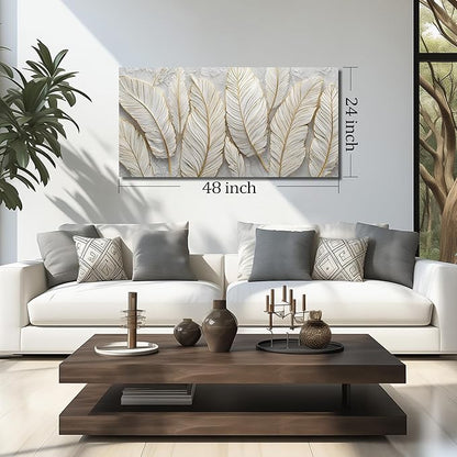 JuhaiArt Feather Canvas Art for Living Room Bedroom Home Office White Wall Picture 24" x 48" Gold Wall Decor Art Artwork Poster