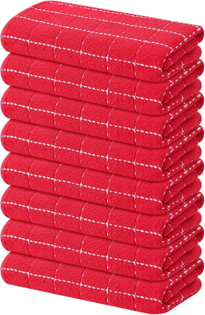 Mordimy 100% Cotton Terry Cloth Kitchen Towels, Super Soft and Absorbent Dish Towels for Drying, Checkered Designed Hand Towels for Kitchen, 16 x 26 Inches, 8 Pack, Red