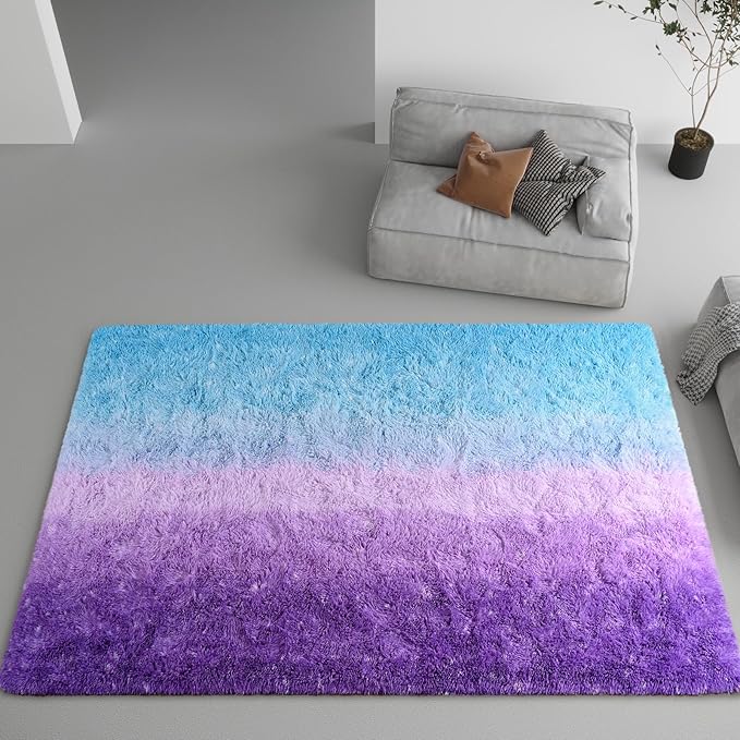 DweIke Luxury Fluffy Kids Rugs for Living Room Bedroom, 6x9 Large Shaggy Purple and Blue Area Rug for Girls Boys, Upgrade Plush Non-Slip and Washable Colorful Fuzzy Carpet for Dorm Nursery Decor