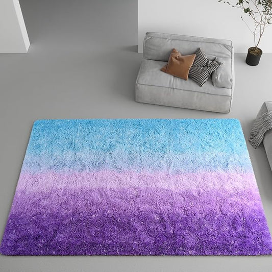 DweIke Luxury Fluffy Kids Rugs for Living Room Bedroom, 6x9 Large Shaggy Purple and Blue Area Rug for Girls Boys, Upgrade Plush Non-Slip and Washable Colorful Fuzzy Carpet for Dorm Nursery Decor