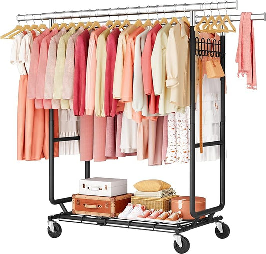 Hoctieon 2-Minute Assembly Double Rod Clothes Rack, Heavy Duty Rolling Clothing Racks with Wheels, Foldable Commercial Garment Rack, Extendable Hanging Bar, Adjustable Metal Pole with Hooks, Black