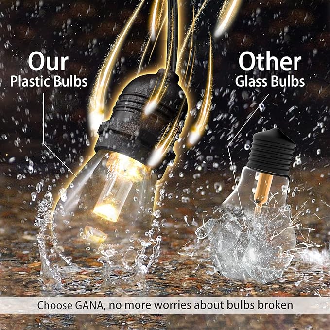 GANA Outdoor String Lights, Patio Lights 96FT Music Flash RGBW Colourful, Safe 12V Low Voltage LED Shatterproof Bulbs Connectable, Heavy Duty Wire IP65 Waterproof Level, for Courtyards Bistro