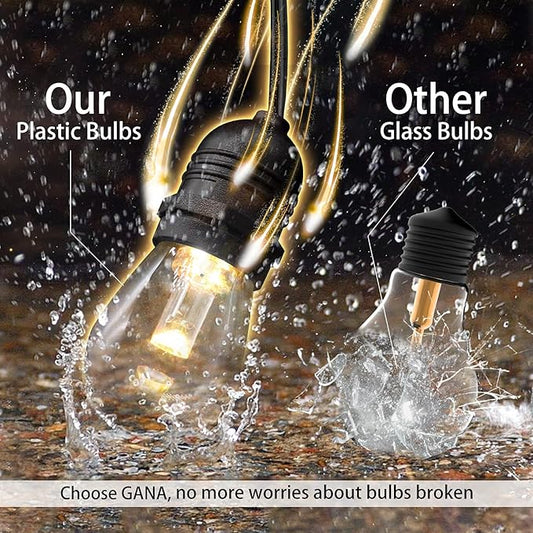 GANA Outdoor String Lights, Patio Lights 96FT Music Flash RGBW Colourful, Safe 12V Low Voltage LED Shatterproof Bulbs Connectable, Heavy Duty Wire IP65 Waterproof Level, for Courtyards Bistro