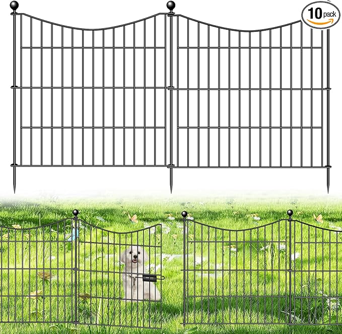 10 Panels Decorative Garden Fence with Gate, 24 in(H) X 20 ft(L) No Dig Dog Fence Animal Barrier Outdoor for Yard, Rustproof Metal Garden Edging and Borders, Temporary Fencing Stakes
