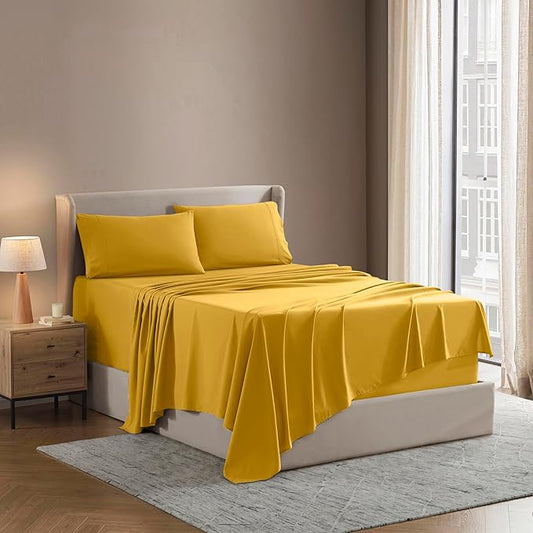 Nestl Short Queen Sheet Set - 1800 Ultra-Soft Microfiber - Double Brushed - Deep Pockets - Easy Fit - 4 Piece Set - Bed Sheets (Short Queen, Yellow)
