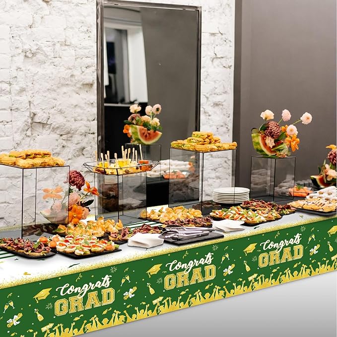 chiazllta Set of 3 Graduation Tablecloths Class of 2025 Congrats Grad Green Graduation Party Tablecover Decorations Party Supplies Large Size Plastic 54"x108"(Green & Gold)