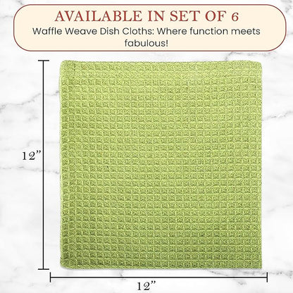 Vintage Vista 100% Cotton Waffle Dish Cloths (Pack of 6) - Dish Rags for Washing Dishes - Reusable & Highly Absorbent Kitchen Towels - Kitchen Rags for Christmas - (12" x 12" - Light Green)