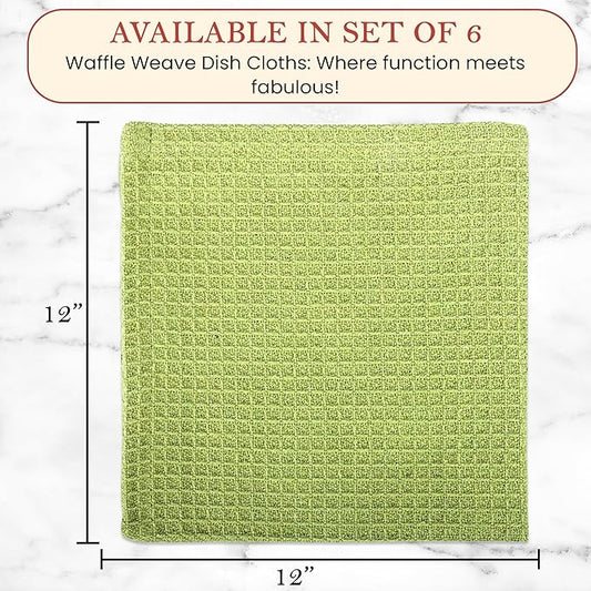 Vintage Vista 100% Cotton Waffle Dish Cloths (Pack of 6) - Dish Rags for Washing Dishes - Reusable & Highly Absorbent Kitchen Towels - Kitchen Rags for Christmas - (12" x 12" - Light Green)