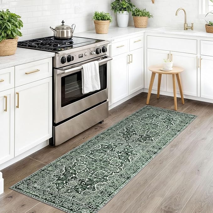 KUTA Runners for Hallways 2x6 Dark Green, Vintage Floral Rug Non-Slip Washable Kitchen Rugs Printed Retro Distressed Flower Carpet Entryway Rugs for Bedroom Laundry Nursery
