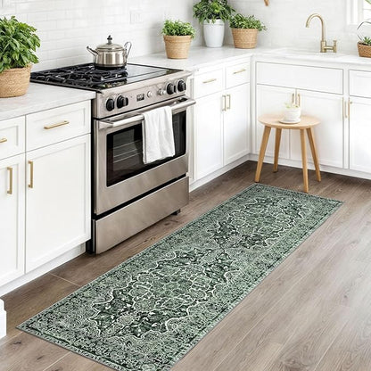 KUTA Runners for Hallways 2x6 Dark Green, Vintage Floral Rug Non-Slip Washable Kitchen Rugs Printed Retro Distressed Flower Carpet Entryway Rugs for Bedroom Laundry Nursery