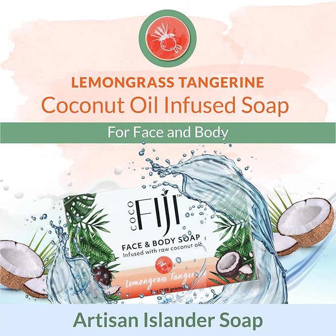 "Coco Fiji Soap Bar for Face and Body Infused With Organic Coconut Oil, Lemongrass Tangerine Essential Oil, Natural Soap for Moisturizing & Pore Purifying Skin, 7 oz, Pack Of 2 "