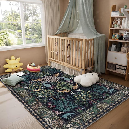 Washable Area Rugs for Living Room: 5x7 Bedroom Rug Vintage Area Rug Stain Resistant Non Slip Low Pile Lightweight Soft Indoor Carpets for Living Room Dining Room Kitchen Nursery Kids Room Farmhouse