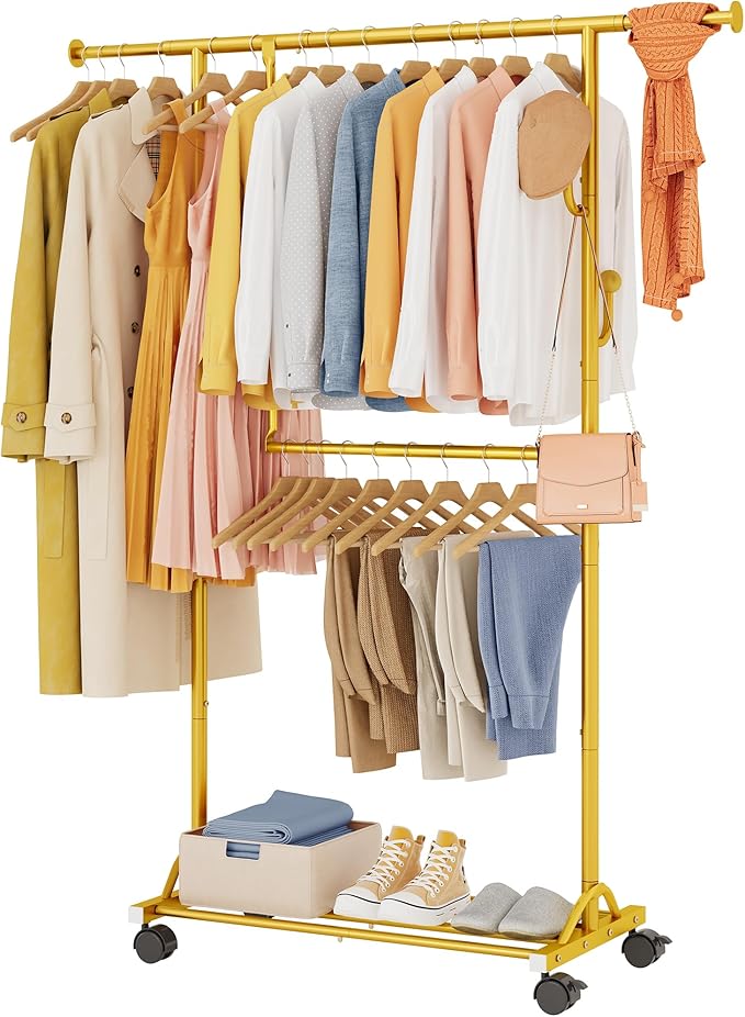 FAVOOSTY Clothes Rack for Hanging Clothes, Rolling & Extending Clothing Rack with Wheels, Garment Coat Rack Freestanding, Portable Closet Organizers and Storage Laundry Room Bedroom, Gold