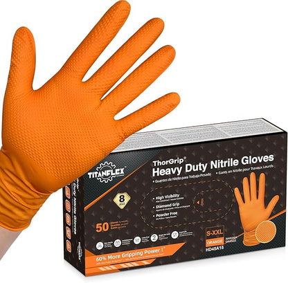 TitanFlex Thor Grip Heavy Duty Industrial Orange Nitrile Gloves with Raised Diamond Texture, 8-mil, Latex Free, Powder Free