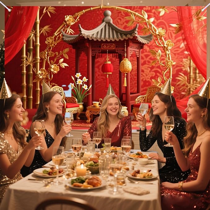 Nuxovilar Happy New Year Banner, Chinese Palace Red Gold Backdrop for Holiday Party Decorations, 71x43 Inch