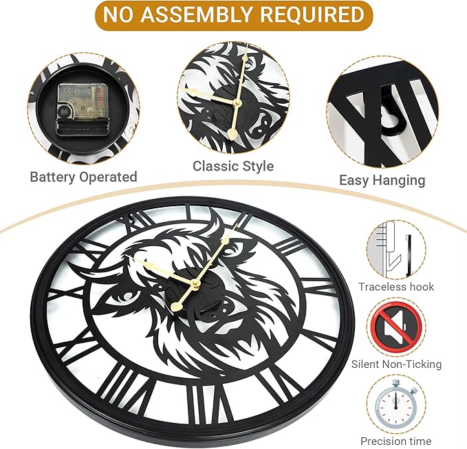 Wall Clocks Battery Operated, Large Slient Black Metal Decorative Wall Clock,Big Oversized Wall Clocks for Living Room Decor,Bedroom, Kitchen (Highland Bull Wall Clock, 30 Inch)