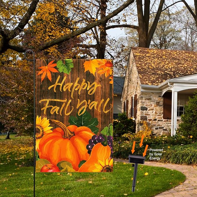 Solar Garden Flag with Lights - Happy Fall Y'all 12 x 18 Double Sided 5 Modes Led Pumpkin Yard Sign for Farmhouse Patio Lawn Harvest Thanksgiving
