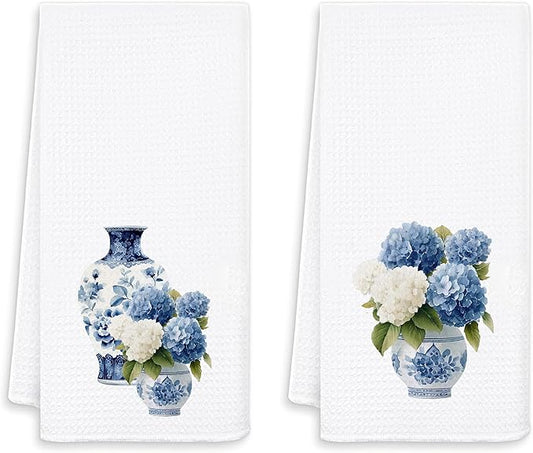 Blue and White Hydrangea Floral Kitchen Towels, Blue Chinoiserie Flower Decorative Hand Tea Towels for Bathroom, Cottagecore Wildflower Dish Tea Towel for Kitchen, 16x24 Inches Set of 2