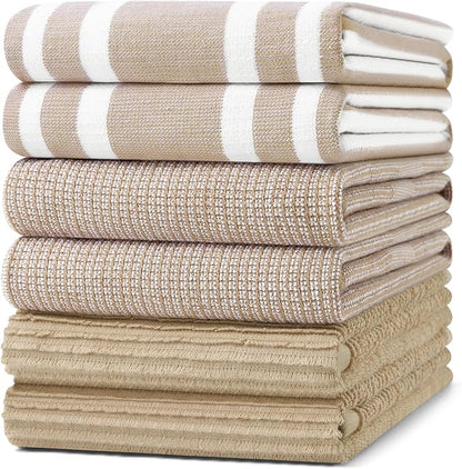 Homaxy Premium Kitchen Towels(18”x 28”, 6 Pack), Large Cotton 380 GSM Kitchen Hand Towels, Soft and Absorbent Terry Dish Towels, Multipurpose Tea Towel Set with Hanging Loop, Khaki