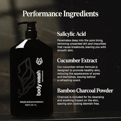 Black Wolf Salicylic Acid Body Wash for Men, 1 Liter - Men's Acne Body Wash - Charcoal Helps Reduce Acne Breakouts & Cleanse Your Skin - Full Coverage & Deep Clean Treatment - Men's Bodywash
