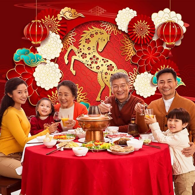 Renaiss 10x8ft Happy Chinese New Year Backdrop Year of The Horse Spring Festival Banner Gold Horse Lucky Clouds Flowers Background Chinese Birthday Lantern Festival Party Decors Photo Studio Props