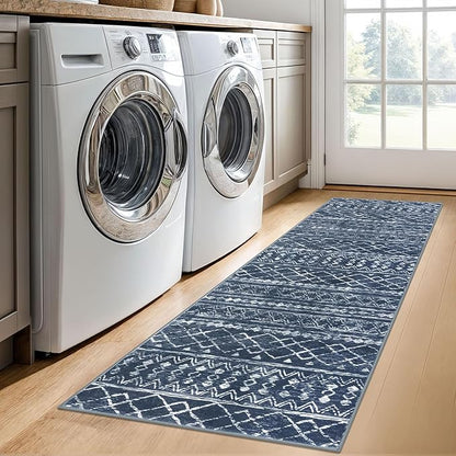 KUTA Moroccan Washable Hallway Runner Rug, 2x6 Non-Slip Vintage Navy Blue Boho Rugs Kitchen Runners Ultra Soft Distressed Geometric Floor Carpet for Bedroom Laundry Living Room