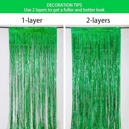 Foil Fringe Curtains Christmas Decorations - Melsan 3 Pack 3.2 x 8.2 ft Green Tinsel Curtain Party Photo Backdrop for Birthday Party Baby Shower or Graduation Decorations