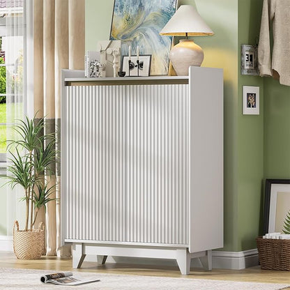 White Fluted Shoe Cabinet, 5-Tier Shoe Storage Cabinet with Adjustable Shelves, 43.7”H Tall Shoe Cabinet Storage for Entryway Hallway Living Room, Shoe Rack Organizer White & Walnut Wave Fluted Design