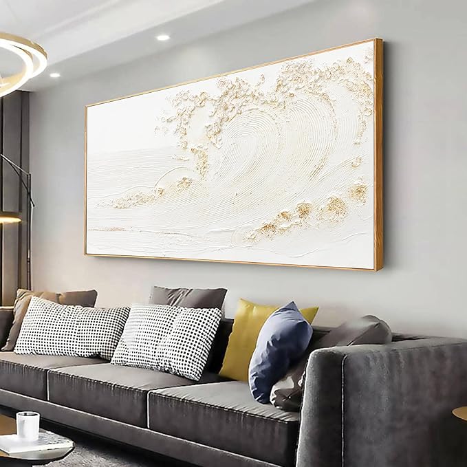 Canvas Wall Art Decor Bedroom Hand Painted White Wave With Golden Embellishments Pictures Decoration Artwork Wall Art Large Modern Painting Pictures For Living Room Home Kitchen Office 29"x58" Inch With Framed