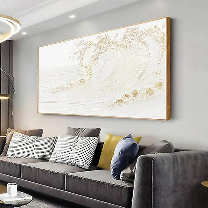 Canvas Wall Art Decor Bedroom Hand Painted White Wave With Golden Embellishments Pictures Decoration Artwork Wall Art Large Modern Painting Pictures For Living Room Home Kitchen Office 29"x58" Inch With Framed